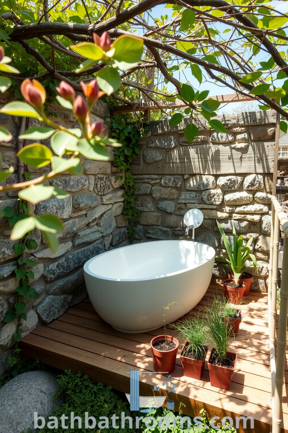 Outdoor bathroom featuring rough-hewn stone walls, creeping ivy, a wooden deck made from reclaimed timber, and a freestanding tub, surrounded by potted herbs, creating a serene and eco-friendly retreat. Discover more inspiring decor ideas at bathbathrooms.com.