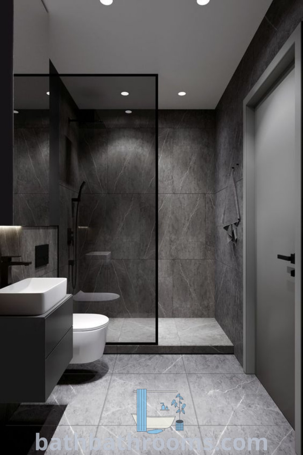 A modern luxury black bathroom with a toilet, sink, and shower stall, showcasing sleek design ideas and modular features for a cozy aesthetic. Discover inspiring bathroom designs and decor ideas for small spaces at bathbathrooms.com.