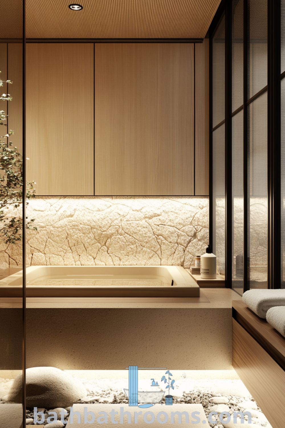 Cozy Japanese bathroom featuring a beige tub, smooth stone tiles, warm wooden accents, and soft towels, creating a serene and inviting atmosphere. Discover more unique decor ideas at bathbathrooms.com.