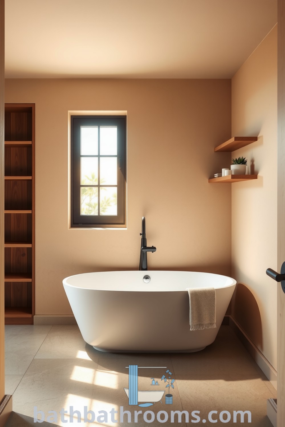 Serene minimalist bathroom with a sleek freestanding tub, warm beige tones, textured walls, and rustic wooden shelves displaying candles and plants, creating a cozy aesthetic perfect for relaxation. Discover inspiring design ideas for your home at bathbathrooms.com.