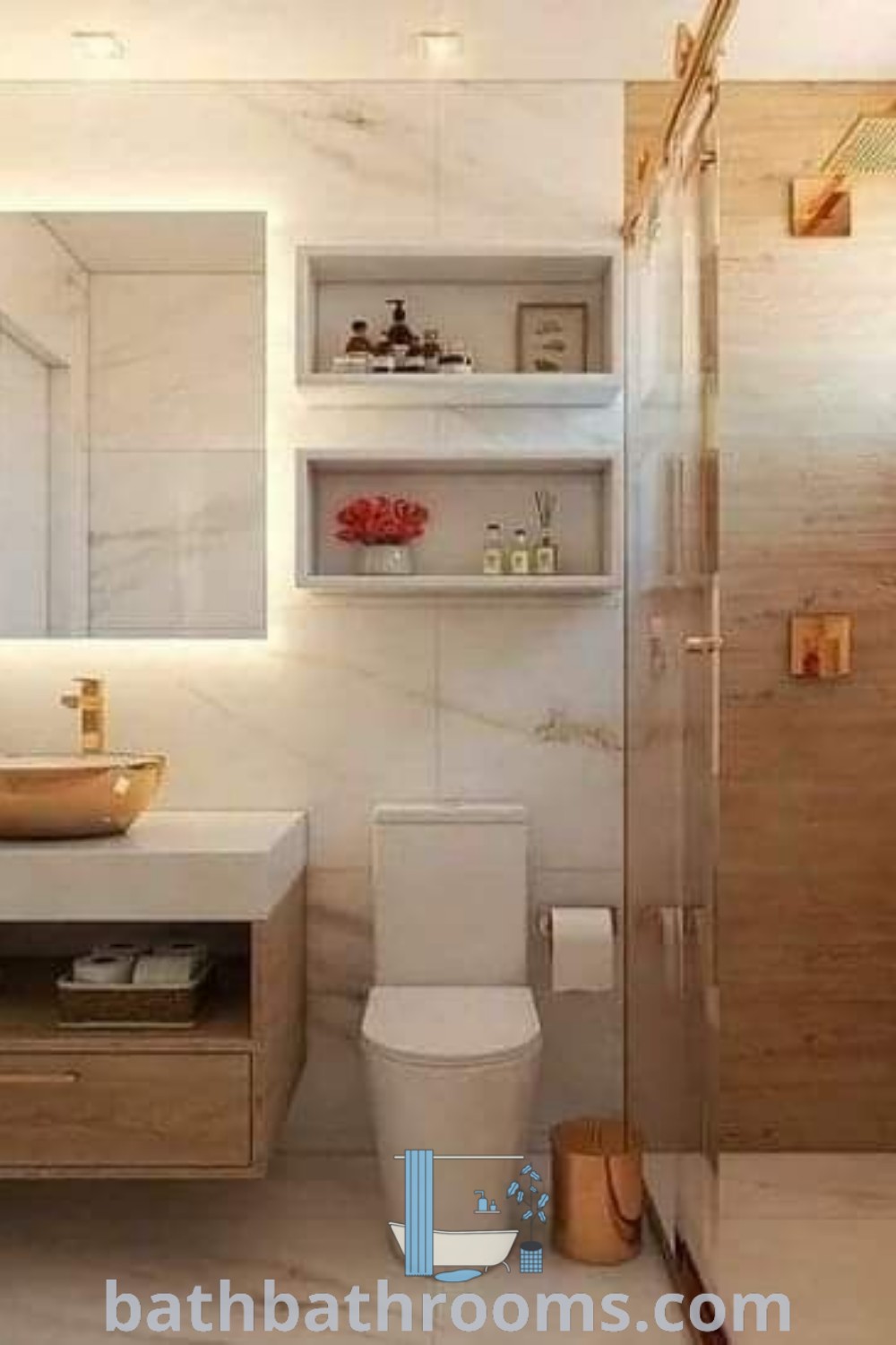 A modern small bathroom design featuring a toilet, sink, and shower stall, showcasing innovative decor ideas and design trends. This space effectively maximizes style and functionality, perfect for cozy homes. Discover more bathroom inspirations at bathbathrooms.com.
