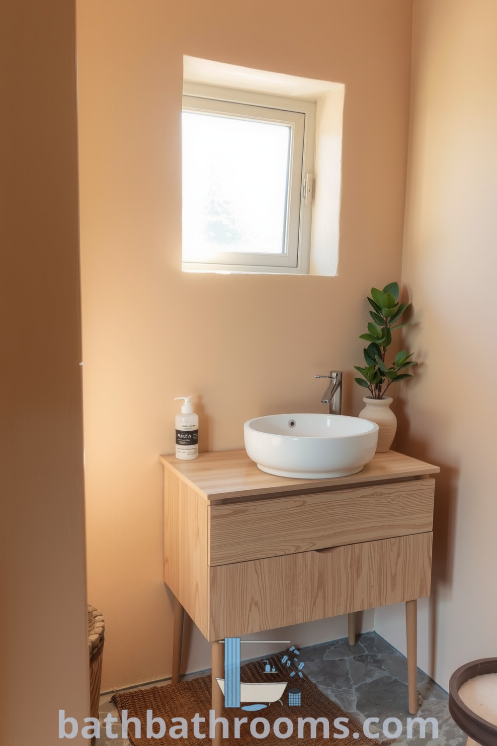 Minimalist cozy bathroom featuring beige plaster walls, wooden vanity, sleek white basin, stone floor, and green plants, creating a serene and inviting atmosphere. Explore design ideas at bathbathrooms.com.